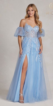 Nox Anabel E1173 Puff Sleeve Sparkling Corset Gown