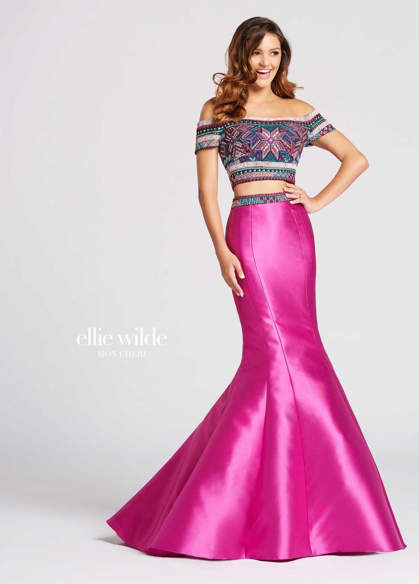French Novelty: Ellie Wilde for Mon Cheri EW118038 Colorful Lace 2pc Gown