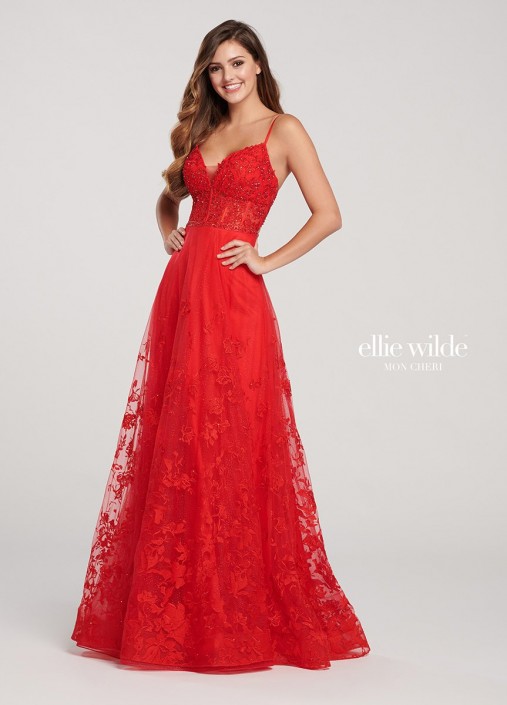 red embroidered prom dress