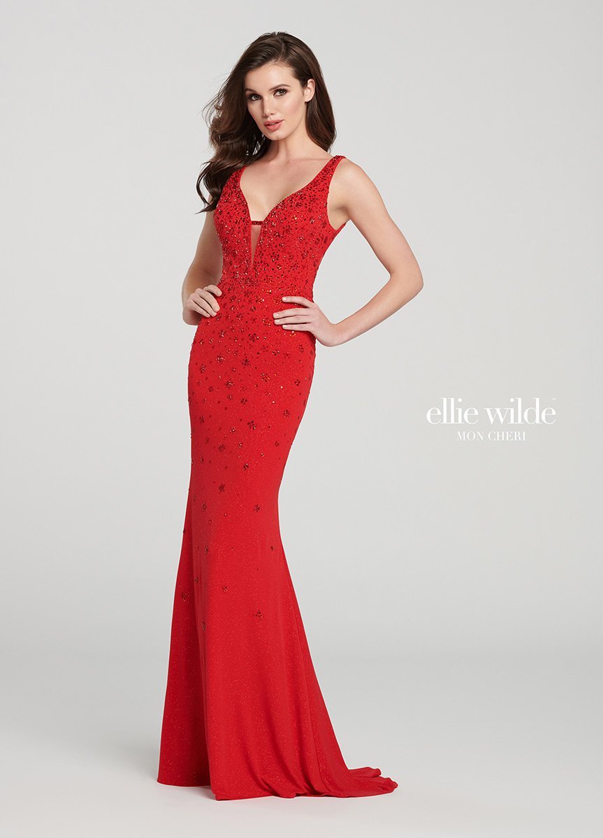 Ellie Wilde EW119089 Glitter Gown with Cut Out Back: French Novelty