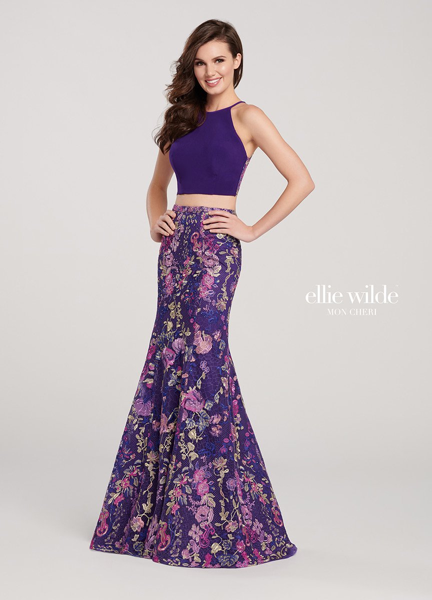 French Novelty: Ellie Wilde EW119113 Floral Embroidered 2 Piece Prom Dress