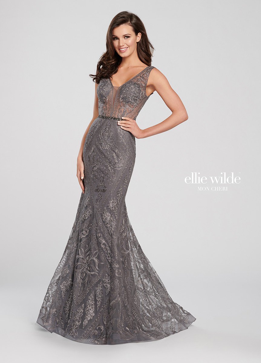 French Novelty: Ellie Wilde EW119184 Metallic Embroidered Gown