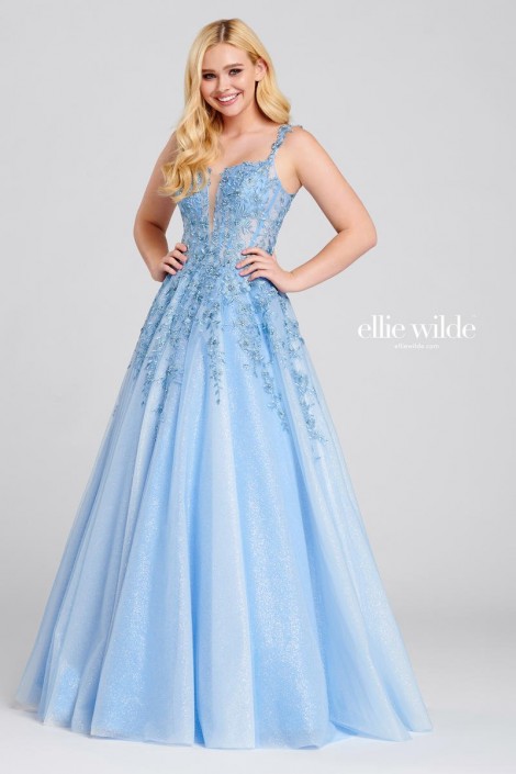 blue flowy prom dress