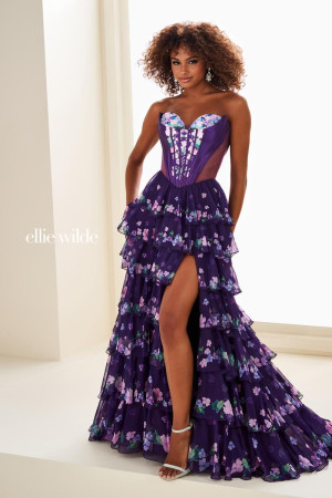 Ellie Wilde EW37001 Long Floral Prom Dress with Tiered Ruffle Skirt