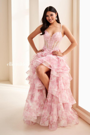 Ellie Wilde EW37093 Long Formal Dress with Tiered Ruffle Skirt