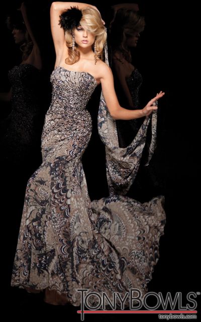 French Novelty: Tony Bowls Evenings Print Chiffon Evening Dress TBE21101