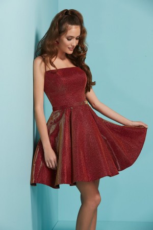 Size 4 Burgundy Tiffany 27259 Shimmering Short Dress with Pockets