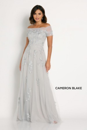 Size 16 Silver Cameron Blake CB751 Feminine Off Shoulder Mothers Gown