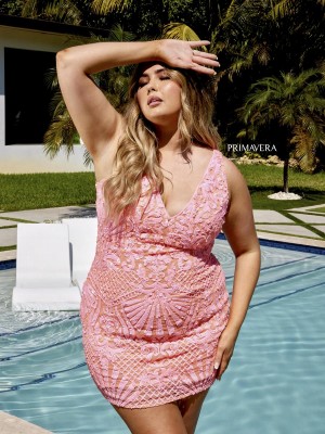 Size 18W Coral Curvy by Primavera 14024 Sequin Short Plus Size Dress