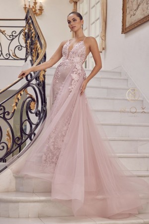 Nox Anabel F485 Plunging Neck Gown with Overskirt
