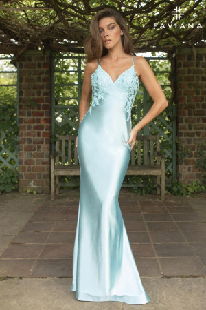 Faviana 11402 Evening Gown with V-Back Stretch Satin and Pleating