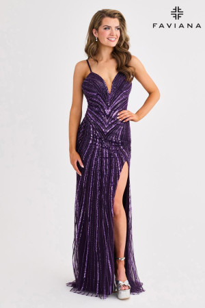 Faviana 11412 Formal Gown with Deep V-Neck Linear Beaded Glam