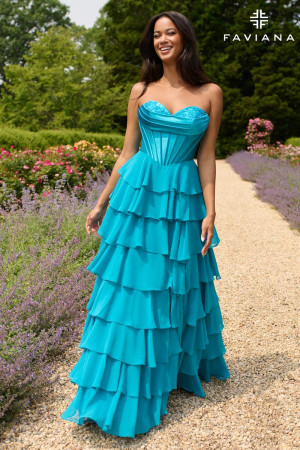 Faviana 11436 Competition Gown with Peekaboo Corset Tiered Ruffle Skirt