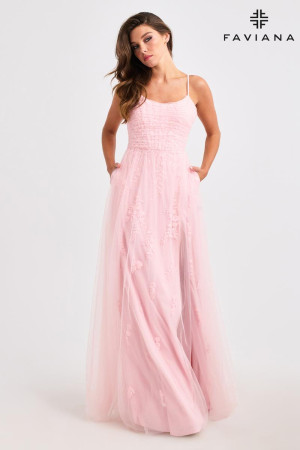 Faviana 11471 Long Designer Evening Dress with Flowy Scoop Neck Beaded