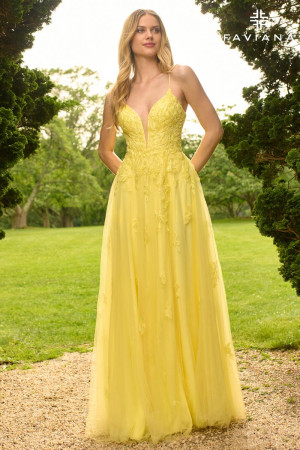 Faviana 11473 Long Black Tie Evening Dress with Deep-V Flowy Tulle