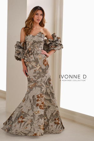 Ivonne D ID1405 Long Party Dress Featuring Brocade Trumpet Silhouette Flattering