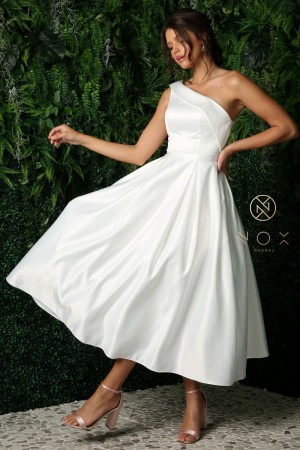 Nox Anabel JE931W One Shoulder Tea Length Wedding Dress