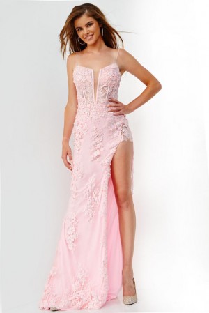 JVN by Jovani JVN22343 Sheer Corset Side Slit Gown