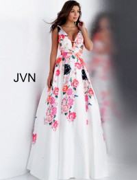 JVN Prom JVN66068 Floral Ball Gown with Cut Outs