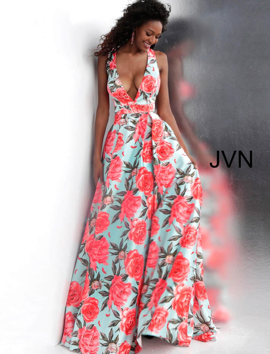 French Novelty JVN Prom JVN66937 Low V Neck Floral Gown