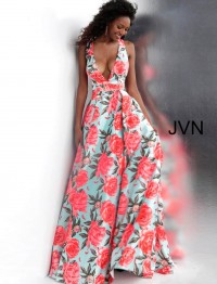 JVN Prom JVN66937 Low V Neck Floral Gown