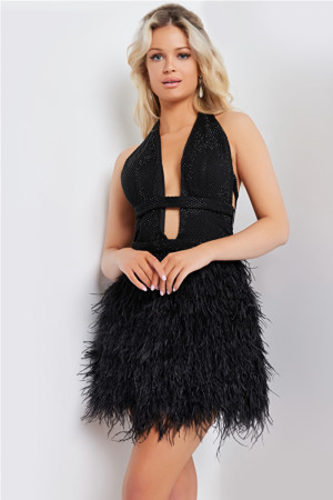 Jovani 22387 Short Formal Party Dress Featuring A Plunging Halter Neckline