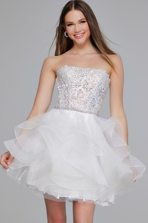 Jovani 24371 Short Dress Featuring A Strapless Sheer Lace Bodice