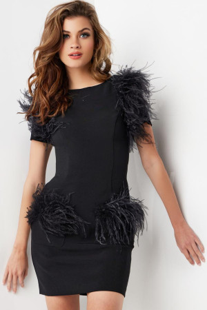 Jovani 24558 Short Party Dress Featuring Short Sleeves, Feather Accents