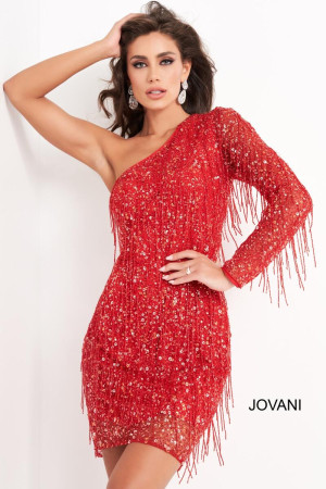 Jovani 2645 Short Dress Featuring One Long Sleeve, Sequins With Fringe