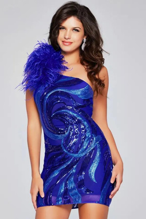 Jovani 36713 Short Cocktail Dress Featuring One Feather Shoulder, Sequins