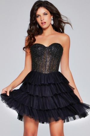 Jovani 39629 Short Party Dress With A Strapless Corset Bodice And Tiered Skirt