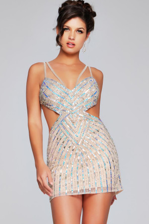 Jovani 400610 Short Cocktail Dress Featuring Sequin Stripe Design, Sweetheart