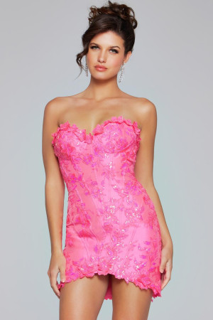 Size 2 Neon Pink Jovani 40380 Short Evening Cocktail Dress Featuring A Strapless Sweetheart