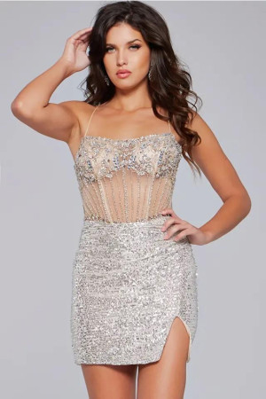 Jovani 41090 Short Cocktail Dress Featuring Sequins, Sheer Corset