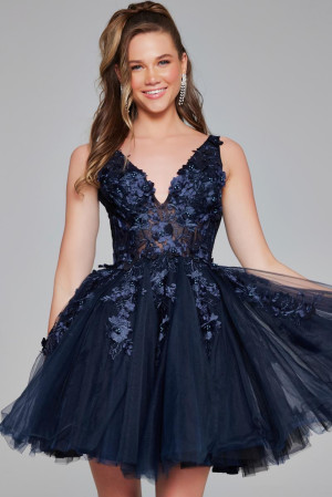 Jovani 63987 Short Dress Featuring Floral Applique, Sleeveless V Neck Corset