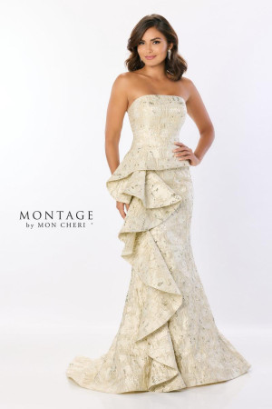 Montage M2225 Metallic Brocade Cascading Ruffle Gown
