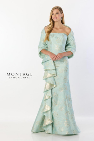 Montage M2226 Aqua Gold Brocade Ruffle Gown