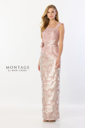 Montage M2227 Brocade Gown with Asymmetric Lace Top