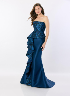 Montage M2228 Brocade Gown with Cascading Ruffle
