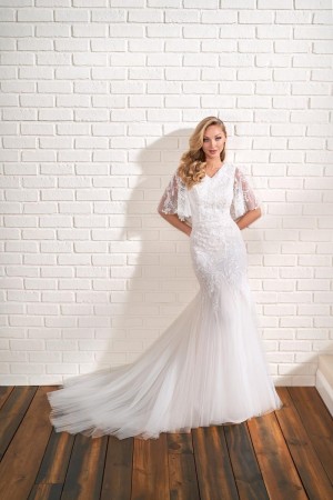 French Novelty Mon Cheri MOD201 Flutter Sleeve Modest Wedding Dress