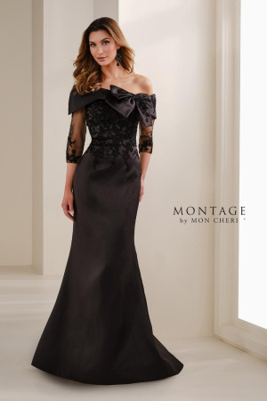 Montage M3111 Long Mob Dress Featuring An Off Shoulder Mermaid Silhouette