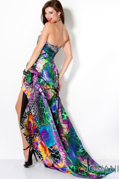 French Novelty: Jovani Multi Print Silk High Low Prom Dress 9566