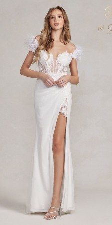Nox Anabel S1229W Feather Off Shoulder Informal Bridal Gown