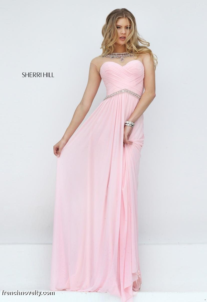 Size 00 Pink Sherri Hill 50442 Beaded Sheer Neck Prom Gown French Novelty