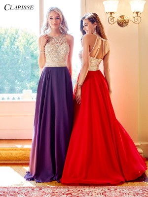 Size 4 Red Clarisse 3465 Chiffon Gown with Sheer Bodice