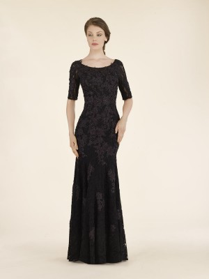 Size 12 Black Rina Di Montella 2301 Elbow Sleeve Lace Mothers Gown