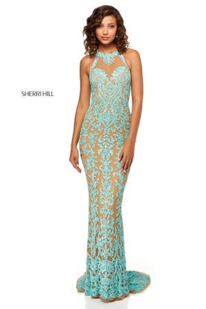 Size 6 Nude/Aqua Sherri Hill 52527 Strappy Back Beaded Prom Dress