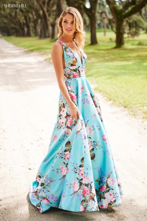 light blue floral prom dress