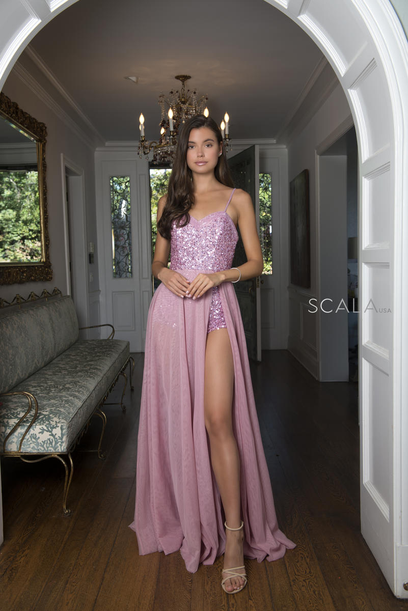 French Novelty: Scala 60122 Sequin Romper with Long Skirt