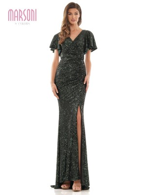 Size 14 Deep Green Marsoni by Colors M318 Flutter Sleeve Sequin Gown